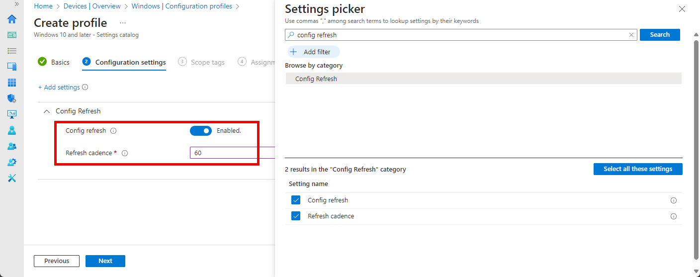 Config Refresh settings in the Intune Settings catalog
